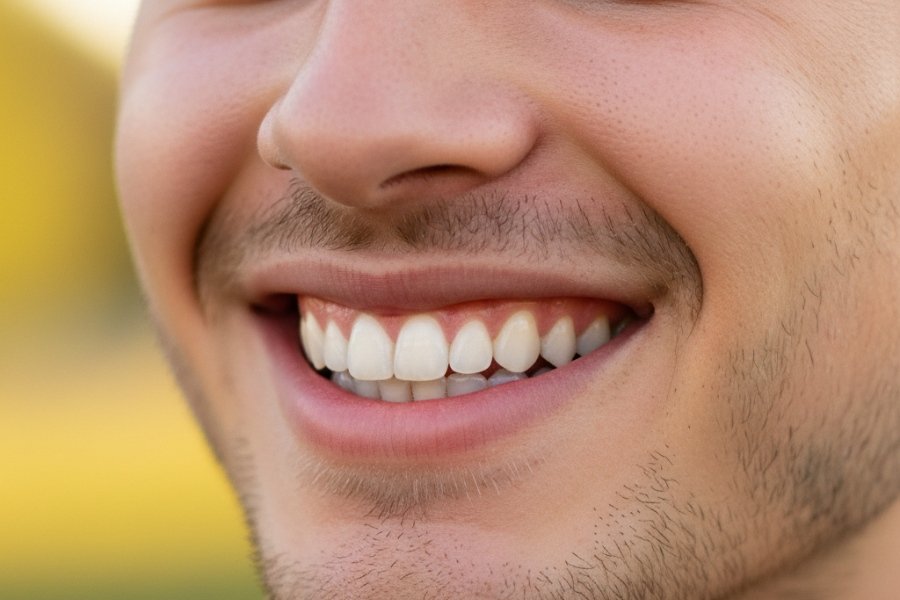 Pessoa sorrindo exibindo o resultado de facetas em resina nos dentes superiores.