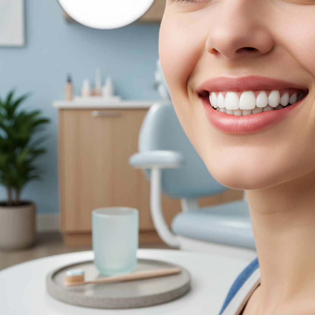 Pessoa sorrindo e exibindo cuidados facetas de porcelana em consultório odontológico em Mogi das Cruzes.