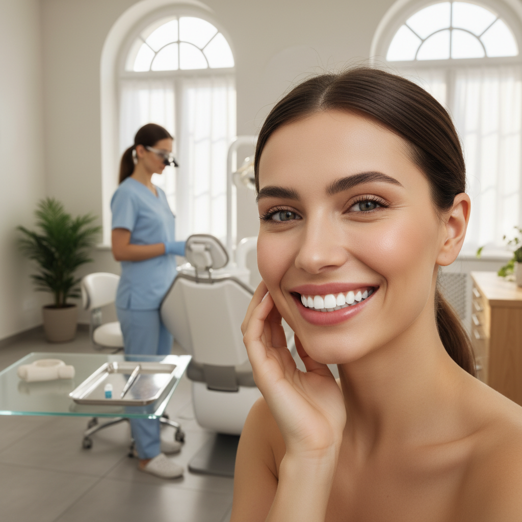 Sorriso transformado com facetas de porcelana e harmonização facial em clínica odontológica em Mogi das Cruzes.