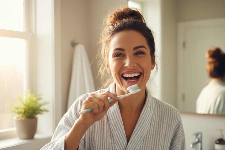 Paciente sorrindo após cuidados com faceta de porcelana em consultório odontológico em Mogi das Cruzes.