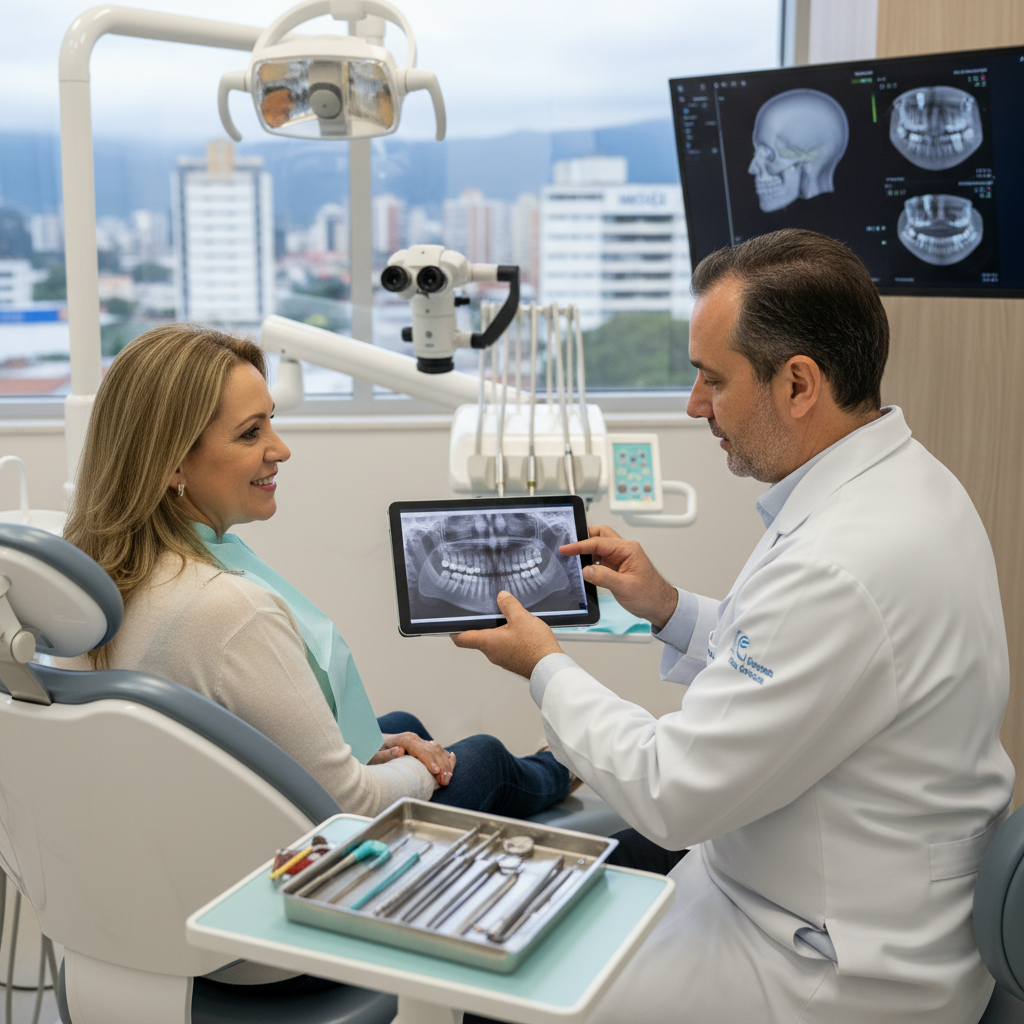 Dentista realiza avaliação para implantes dentários em Mogi das Cruzes em paciente no consultório odontológico.