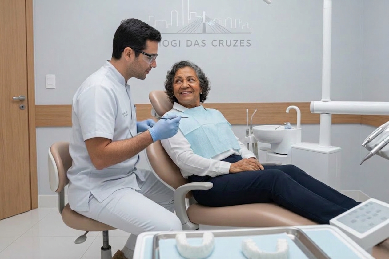 Prótese protocolo Mogi das Cruzes aplicada sobre quatro implantes dentários para reabilitação oral fixa.